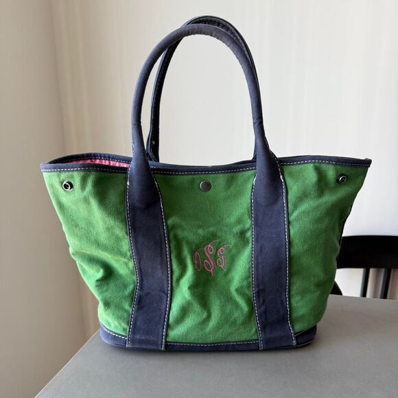 J.Crew Green and Navy canvas tote bag with Flamingos - Picture 2 of 6